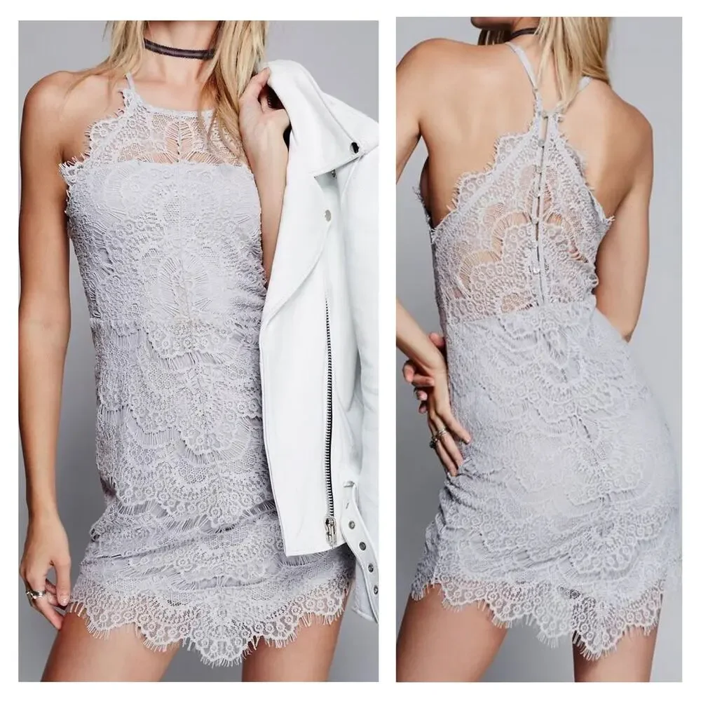 Free People NWT Gray XS Mini Lace Slip Dress She’s Got It